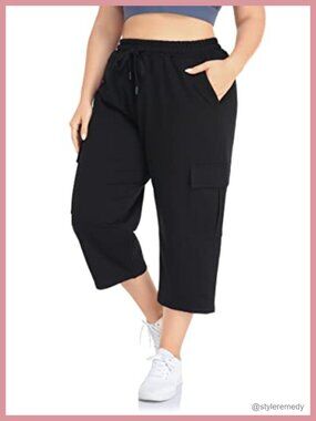 Plus Size Cargo Capri Sweatpants Active Workout Casual Cotton Pockets Drawstring